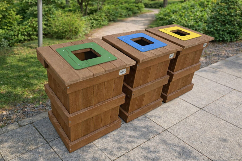 papelera rústica abierta de plástico reciclado para exterior