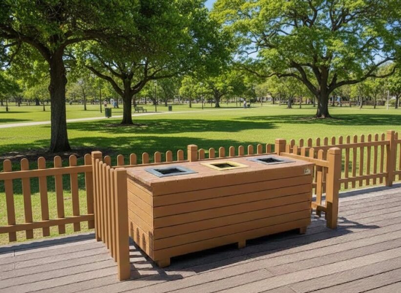 papelera urbana de plástico reciclado en exterior
