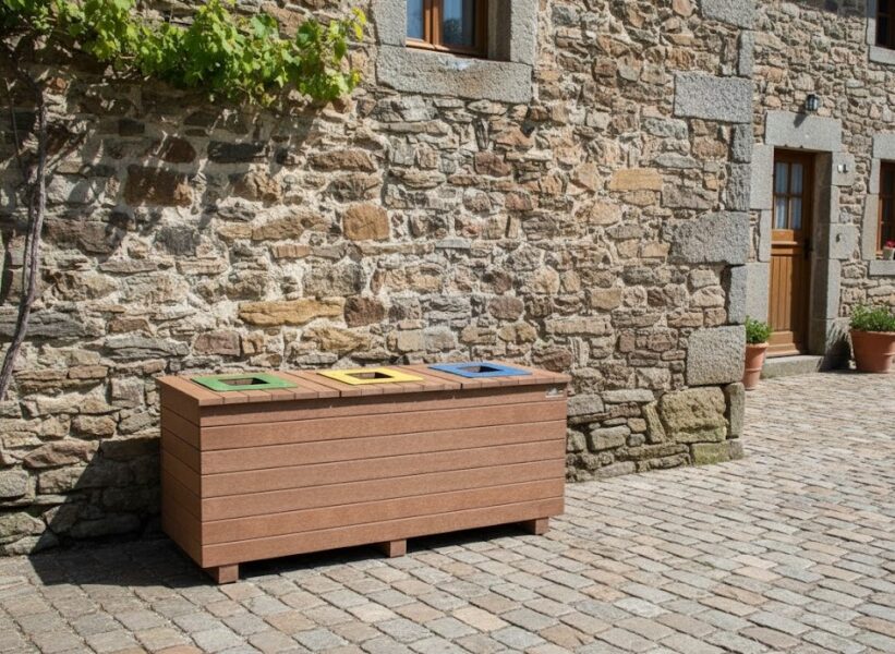 detalle de papelera de plástico reciclado para exterior