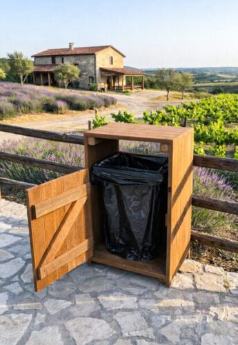 papelera de exterior imitación madera en entorno natural