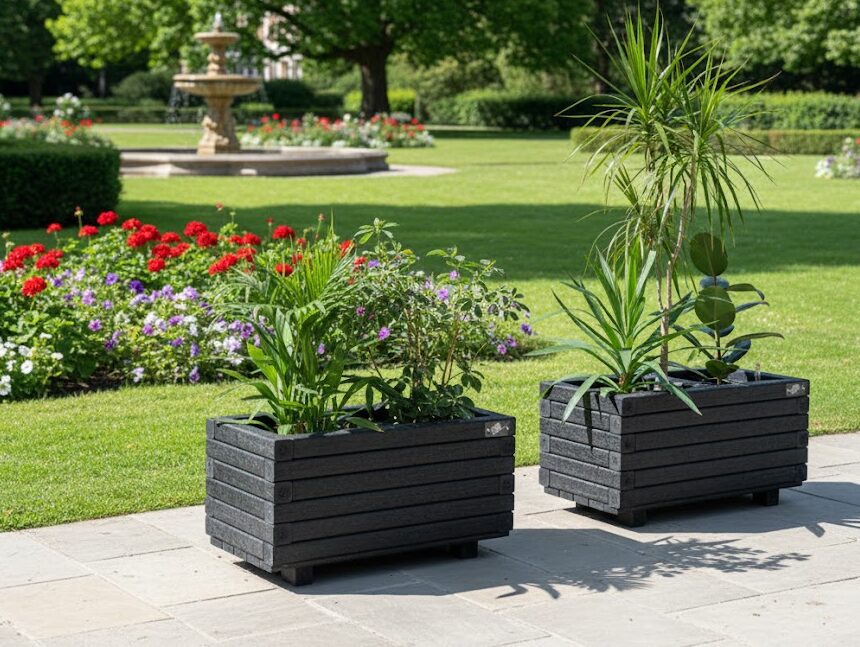 Jardinera rústica de plástico reciclado para jardín y exterior